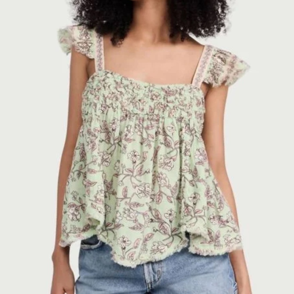 NWT Free People Nala Babydoll Tank Top Flutter Sleeve Women’s Small Floral Green